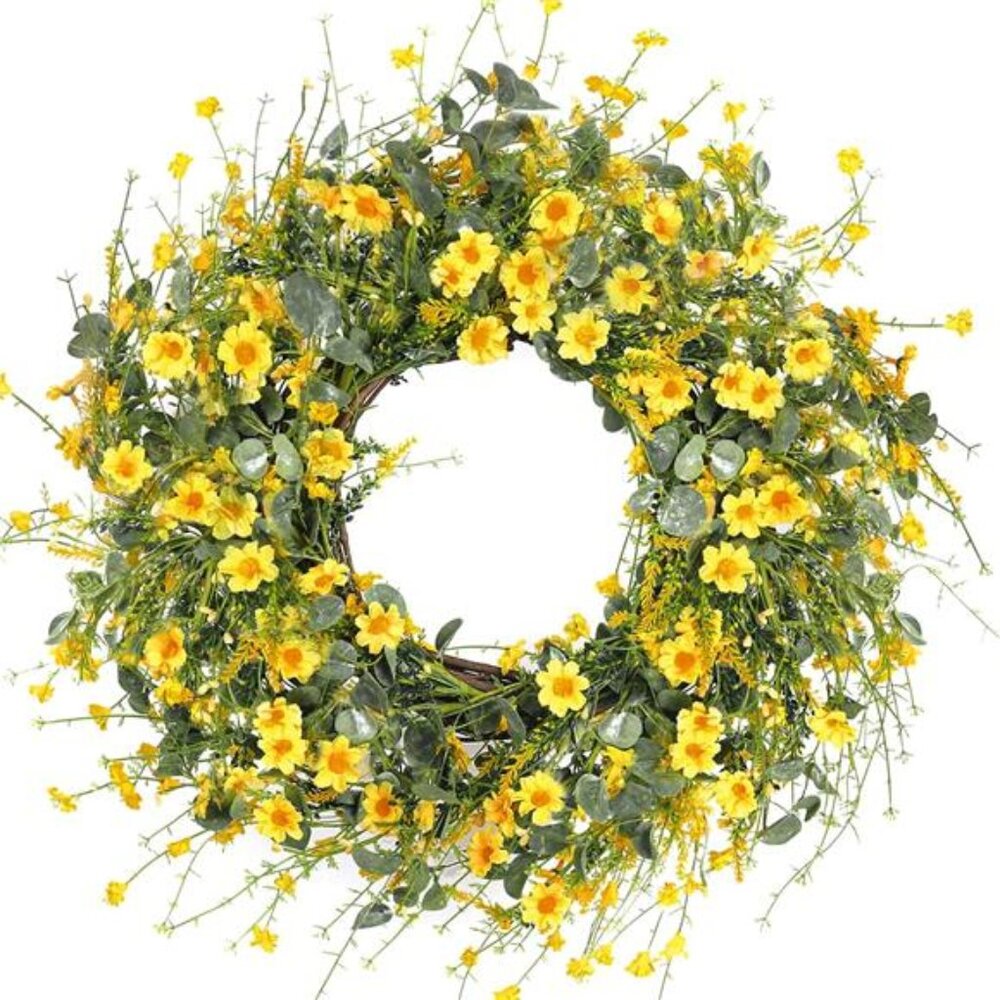 Yellow Daisy Wreath 24 Inch Spring Summer Wreath Fake Silk Floral Wreath